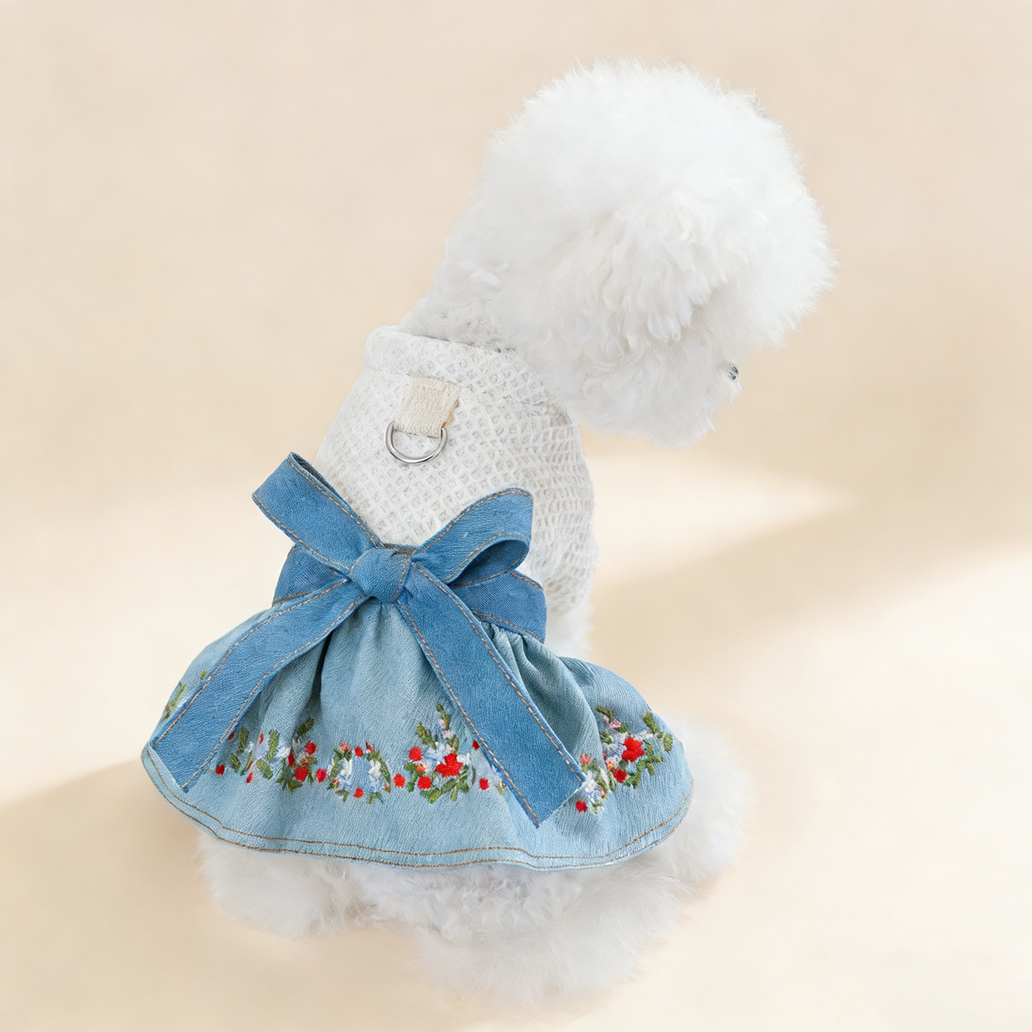Pet Cozy Denim Dress with Floral Decor_CWMM13090