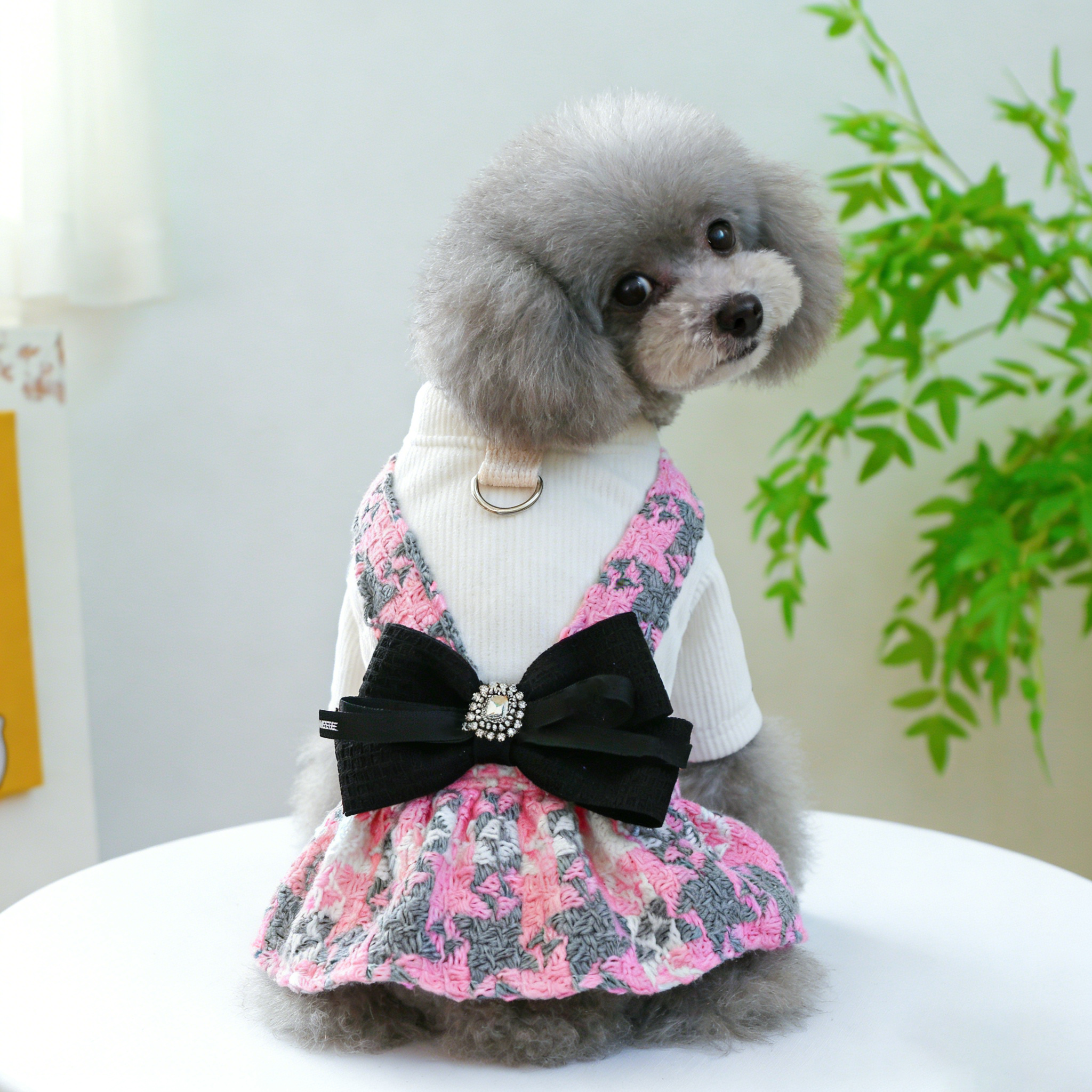 Cute Pet Bow Houndstooth Skirt Dress_CWMM13089