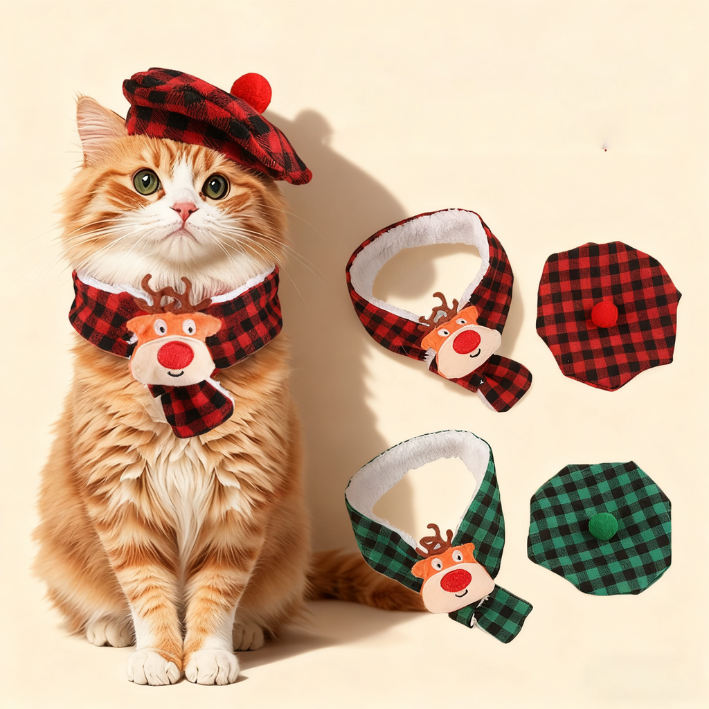 Christmas Pet Accessories – Plaid Hat & Reindeer Scarf_CWMM11343