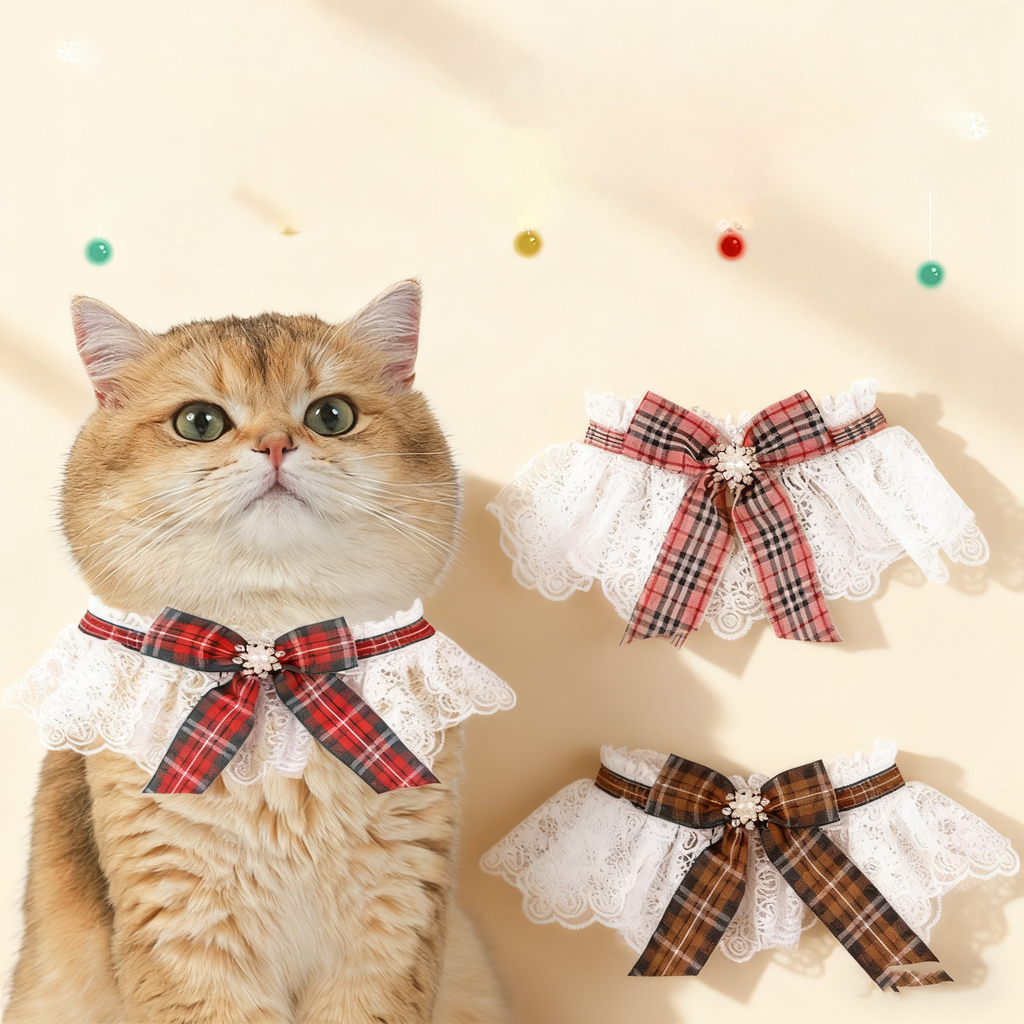 Festive Pet Scarf Collar – Plaid Lace Bow Decoration_CWMM11339