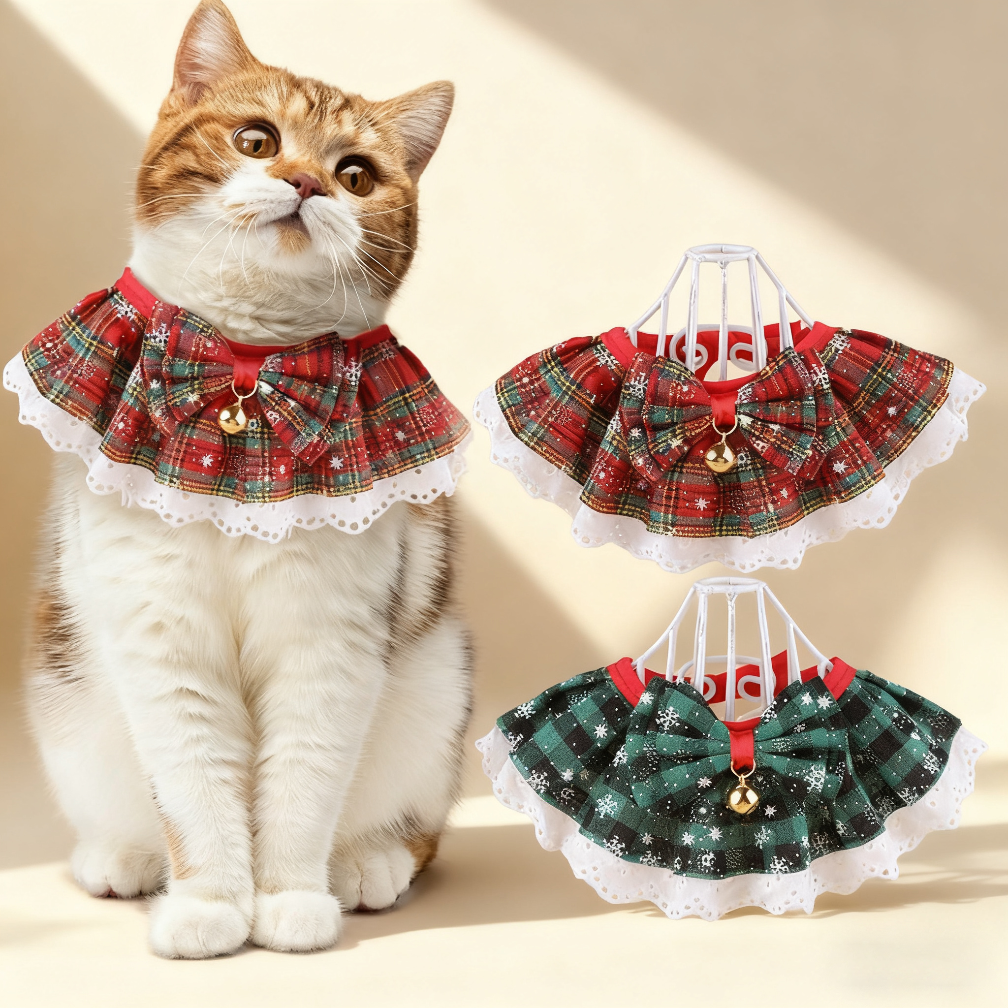 Festive Pet Scarf Collar – Plaid Bell Neck Accessory_CWMM11338