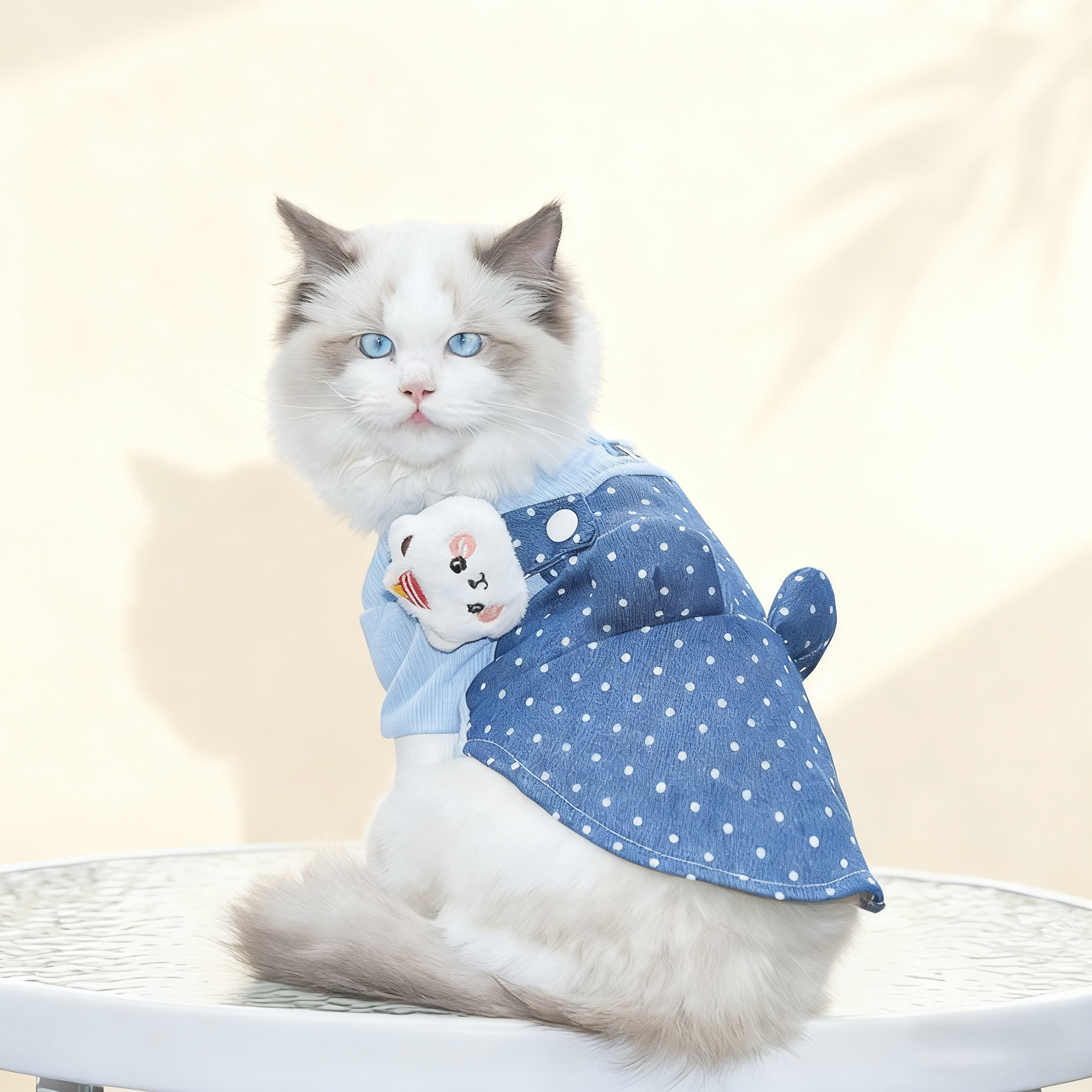 Denim Pet Outfit   Cute Polka Dot Jumpsuit Wear_CWMM11149