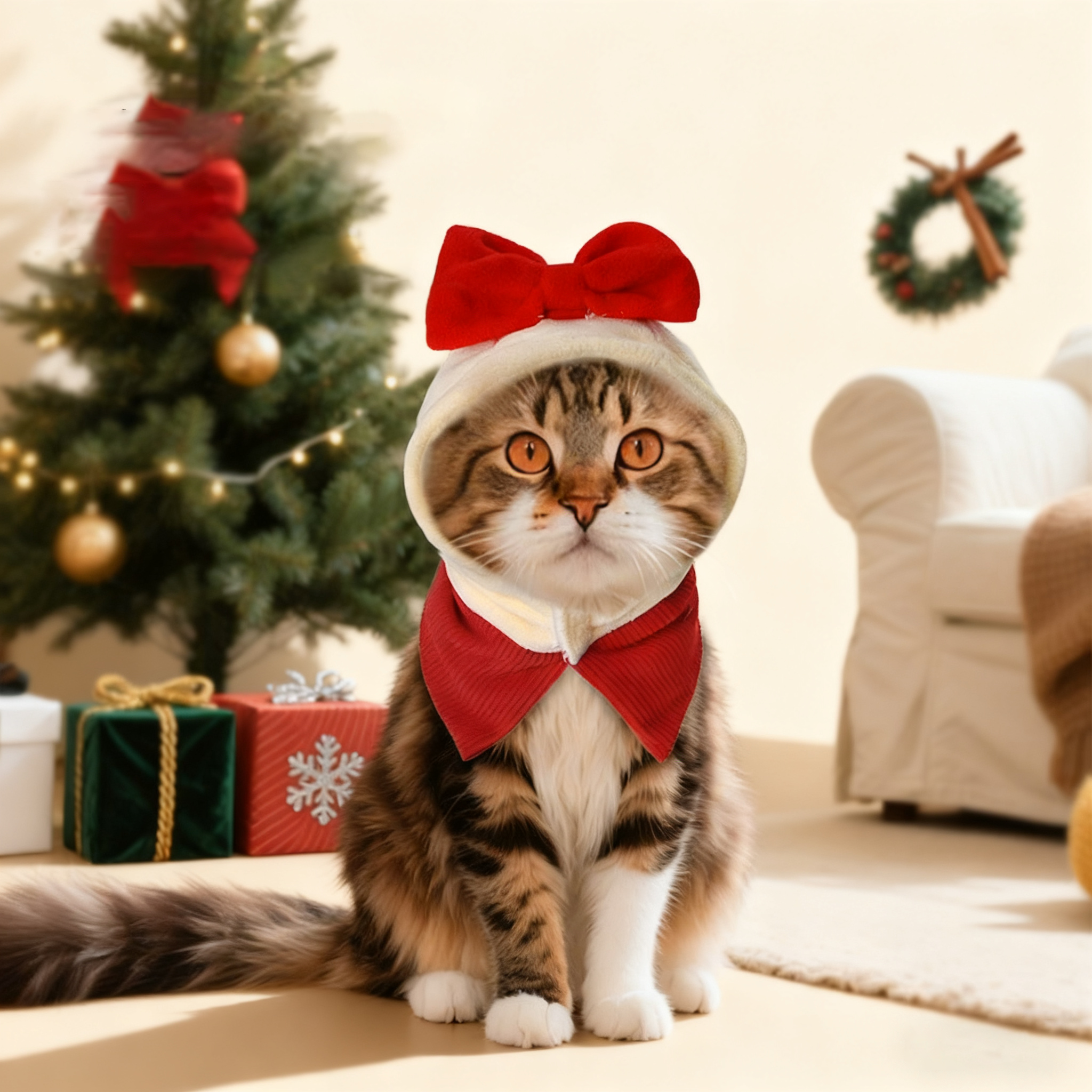 Christmas Pet Hat – Plush Bow Hat & Scarf Set_CWMM11342