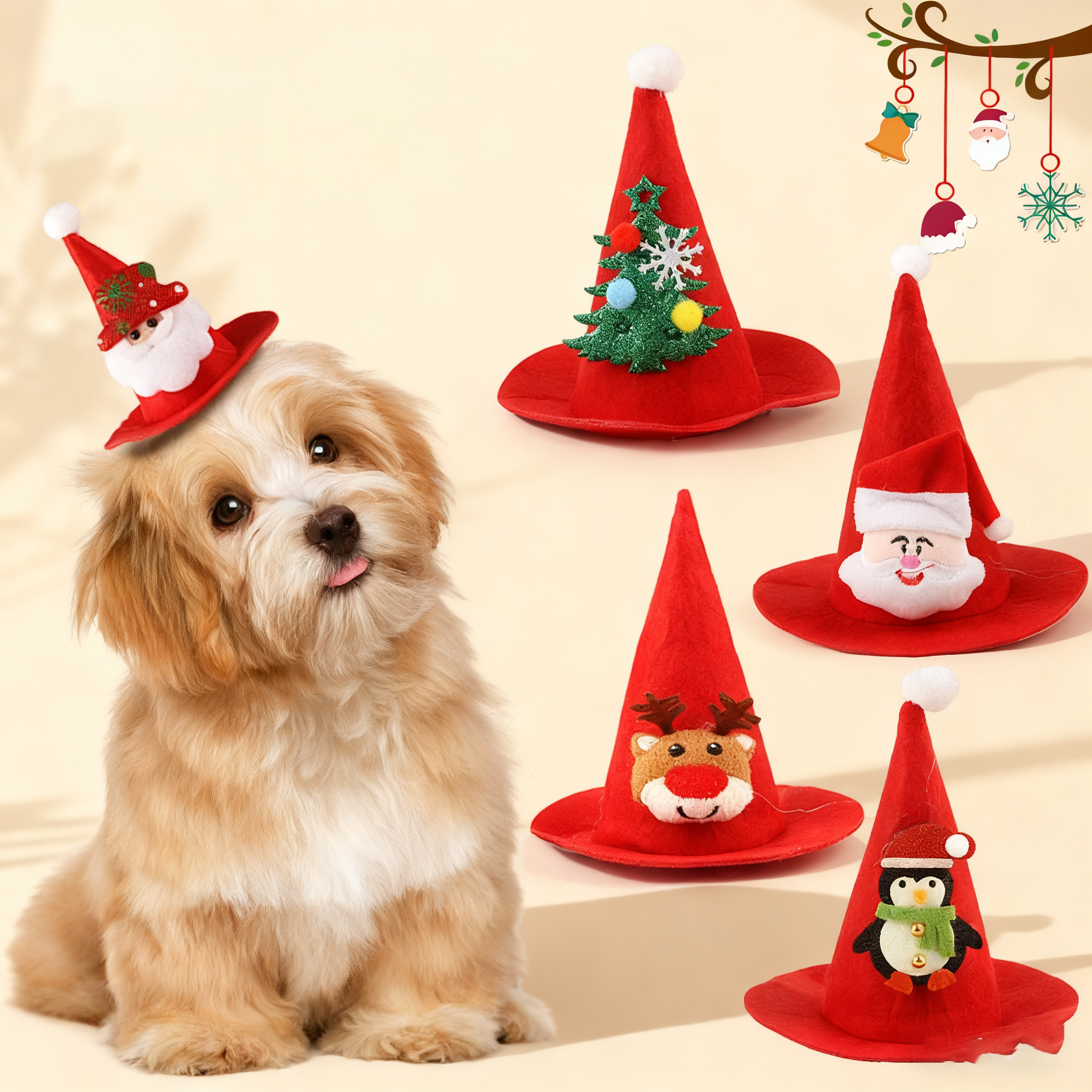 Christmas Costume Hat for Pets – Funny Plush Santa Pointed Cap_CWMM11335