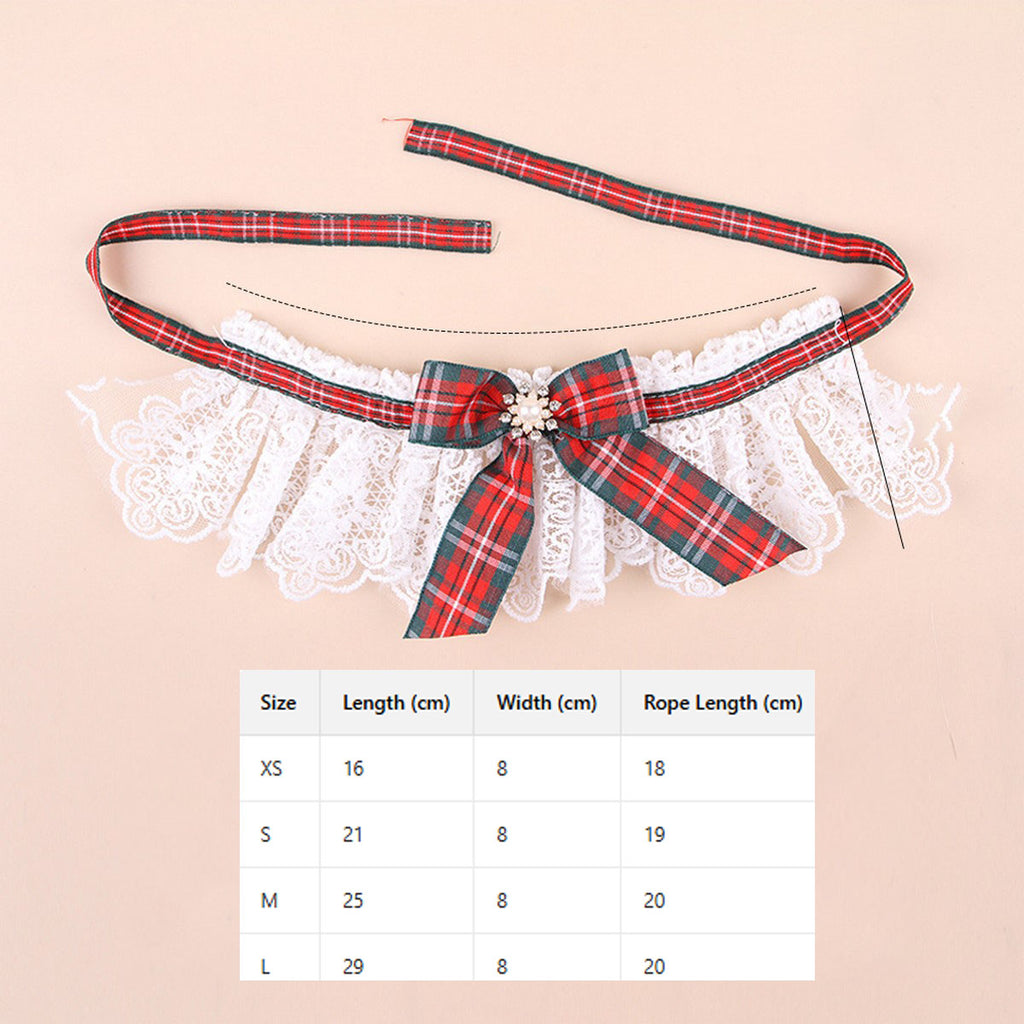 Festive Pet Scarf Collar – Plaid Lace Bow Decoration_CWMM11339