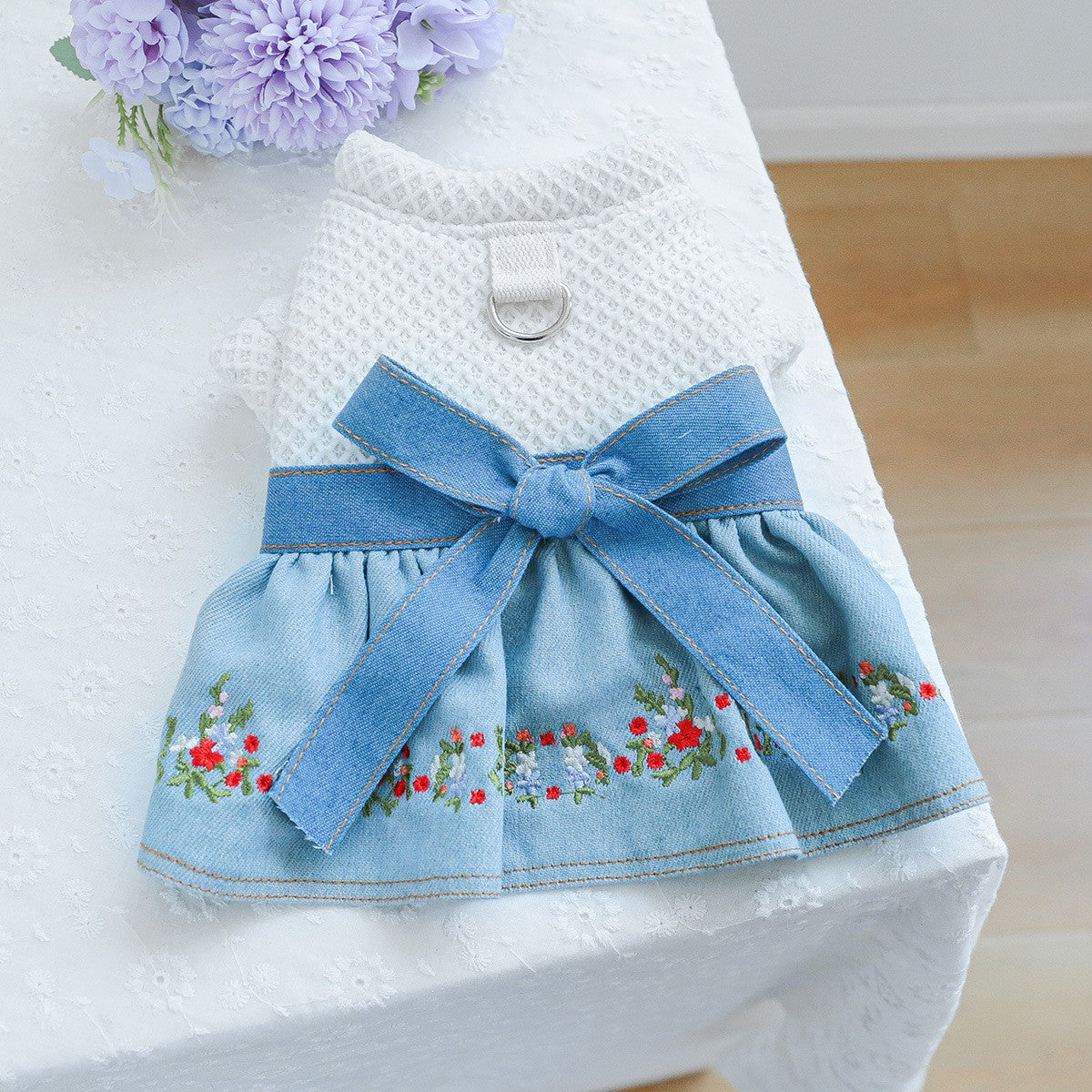 Pet Cozy Denim Dress with Floral Decor_CWMM13090