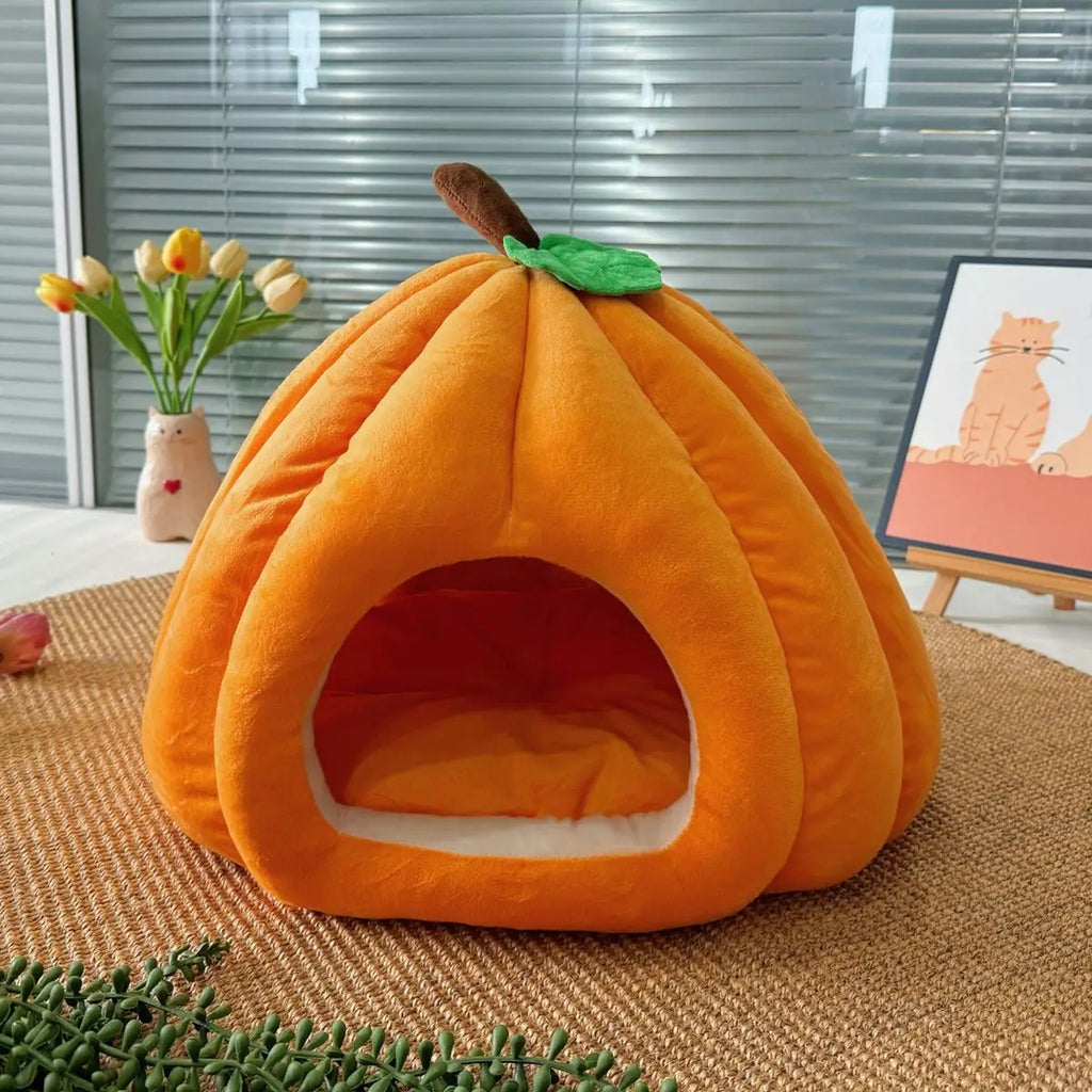 Cozy Pumpkin Pet Cave Bed Winter Plush Washable_CWMM6622