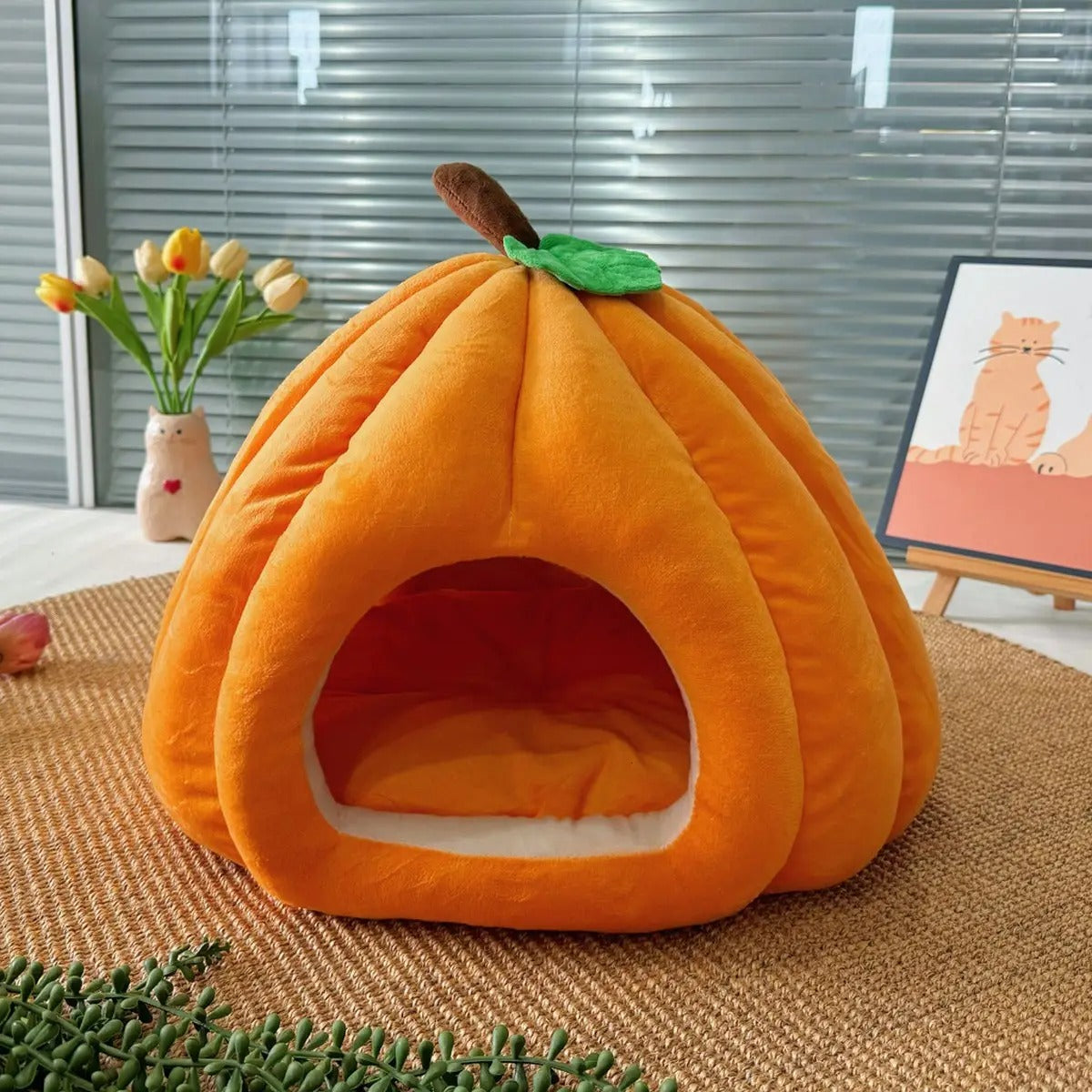 Cozy Pumpkin Pet Cave Bed Winter Plush Washable_CWMM6622