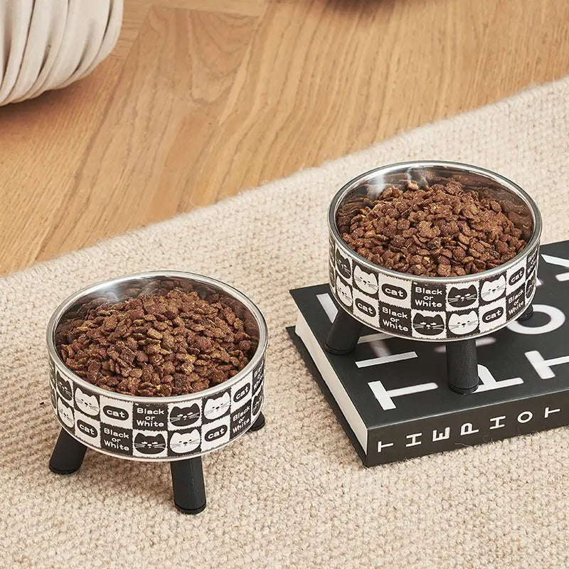 Checkered Elevated Pet Bowl with Cat Print_CWMM5152