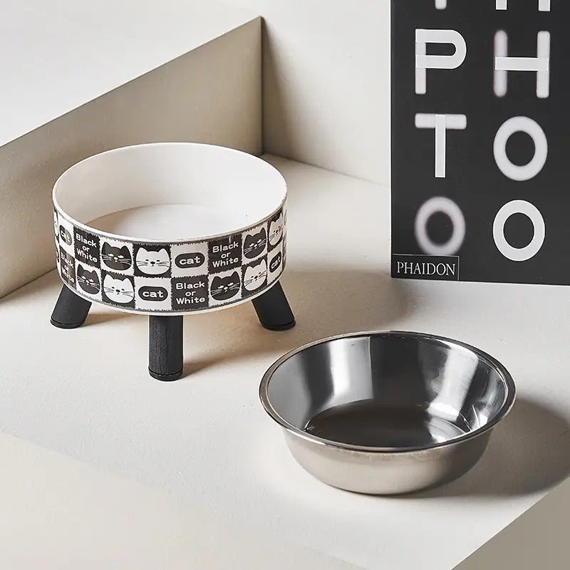 Checkered Elevated Pet Bowl with Cat Print_CWMM5152