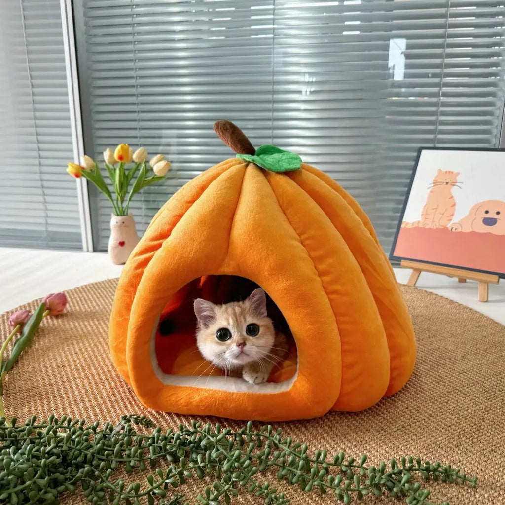 Cozy Pumpkin Pet Cave Bed Winter Plush Washable_CWMM6622