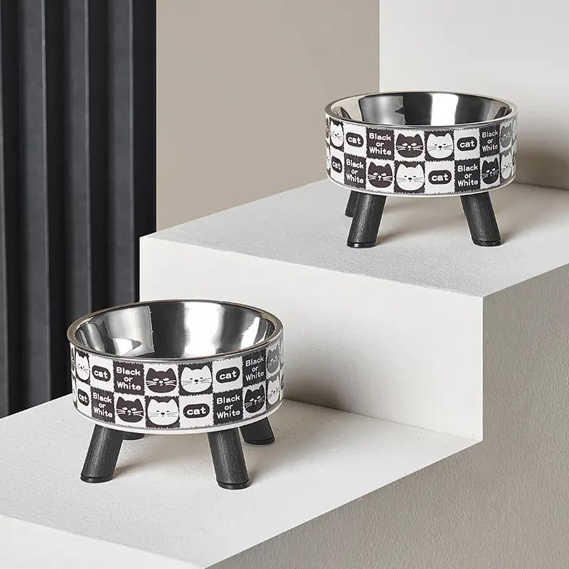 Checkered Elevated Pet Bowl with Cat Print_CWMM5152