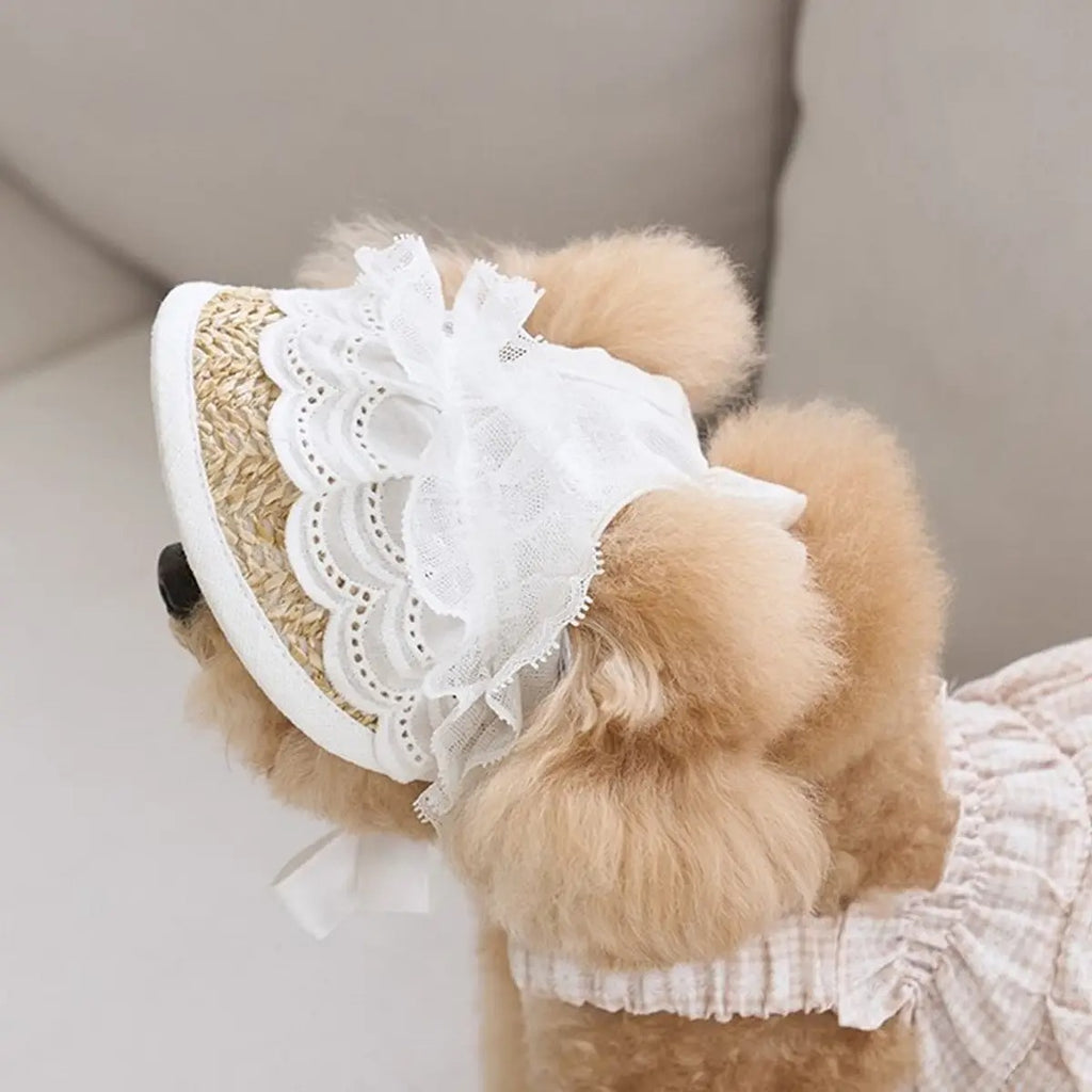 Lace Straw Sun Hat for Pets Adjustable Cat Dog Cap_CWAH3746