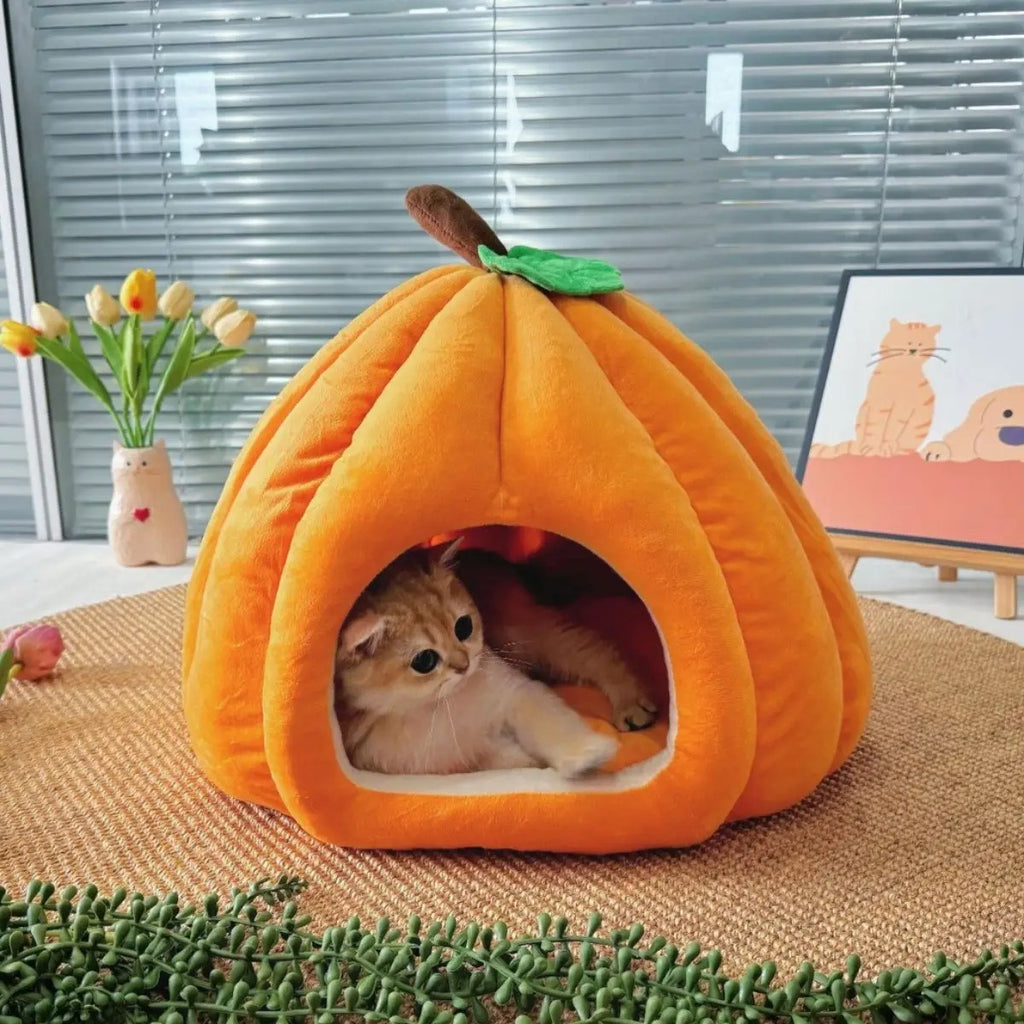Cozy Pumpkin Pet Cave Bed Winter Plush Washable_CWMM6622