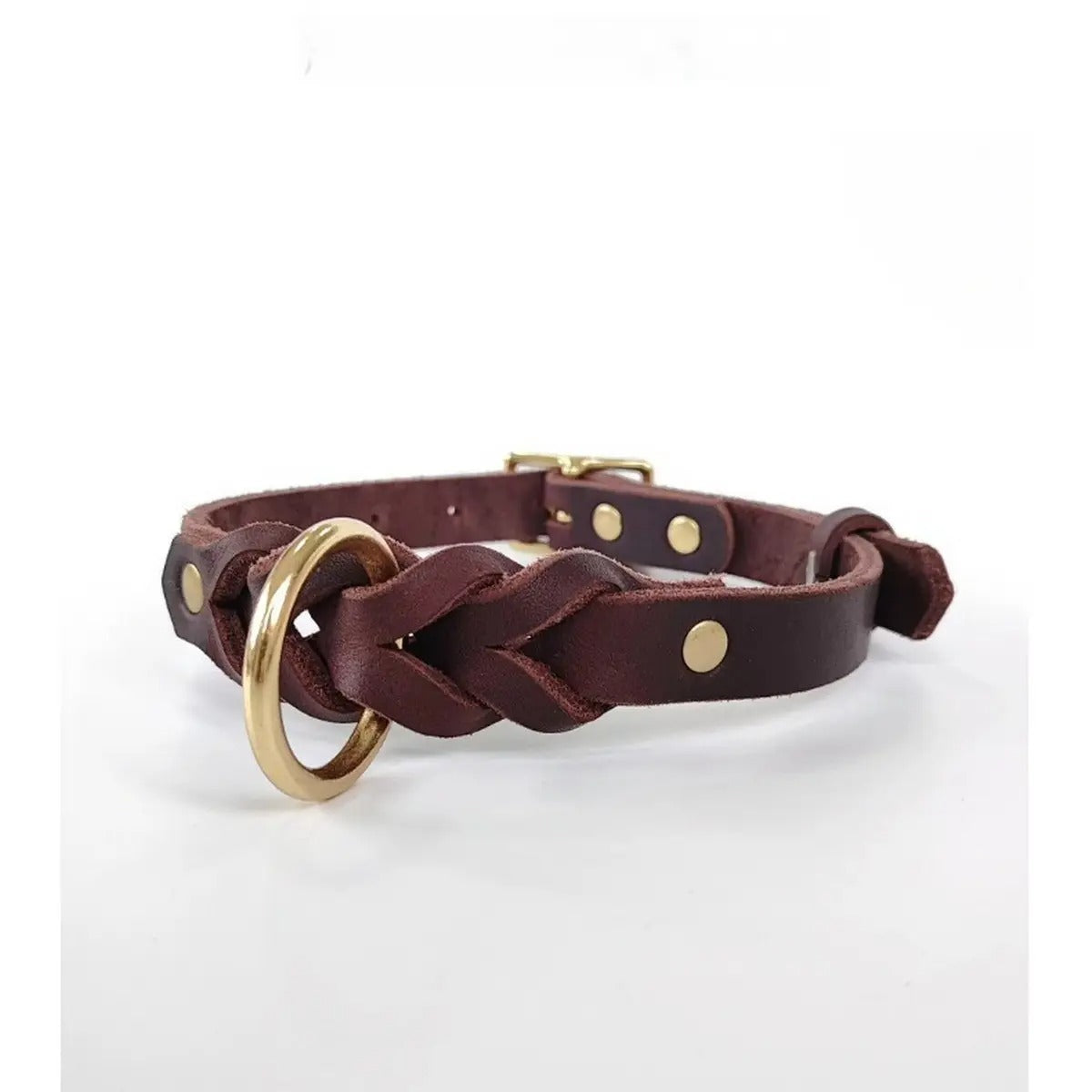 Braided Brass Cowhide Leather Pet Collar Retro_CWMM7679