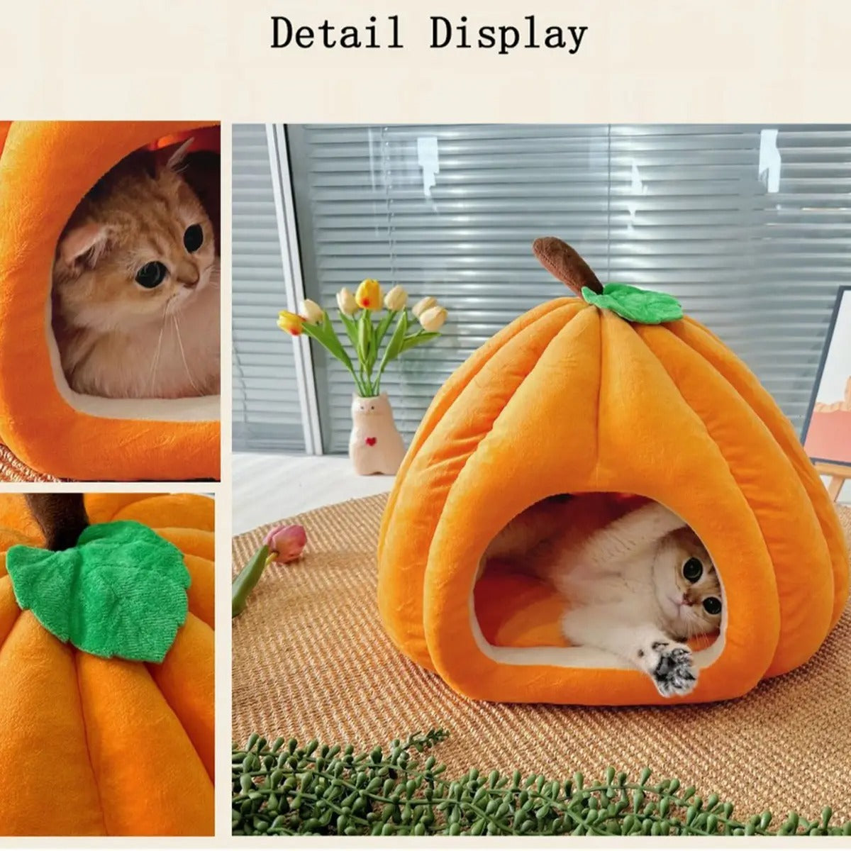 Cozy Pumpkin Pet Cave Bed Winter Plush Washable_CWMM6622