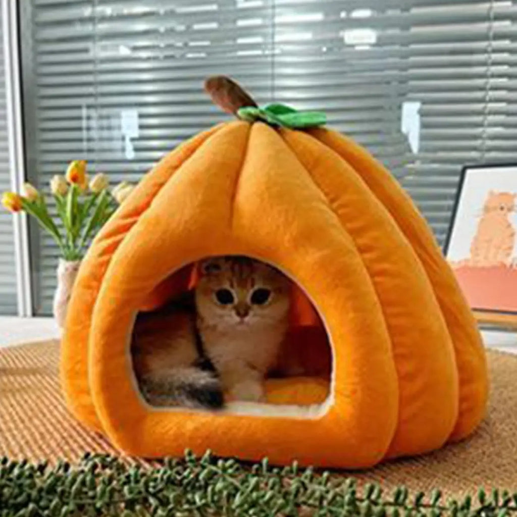 Cozy Pumpkin Pet Cave Bed Winter Plush Washable_CWMM6622