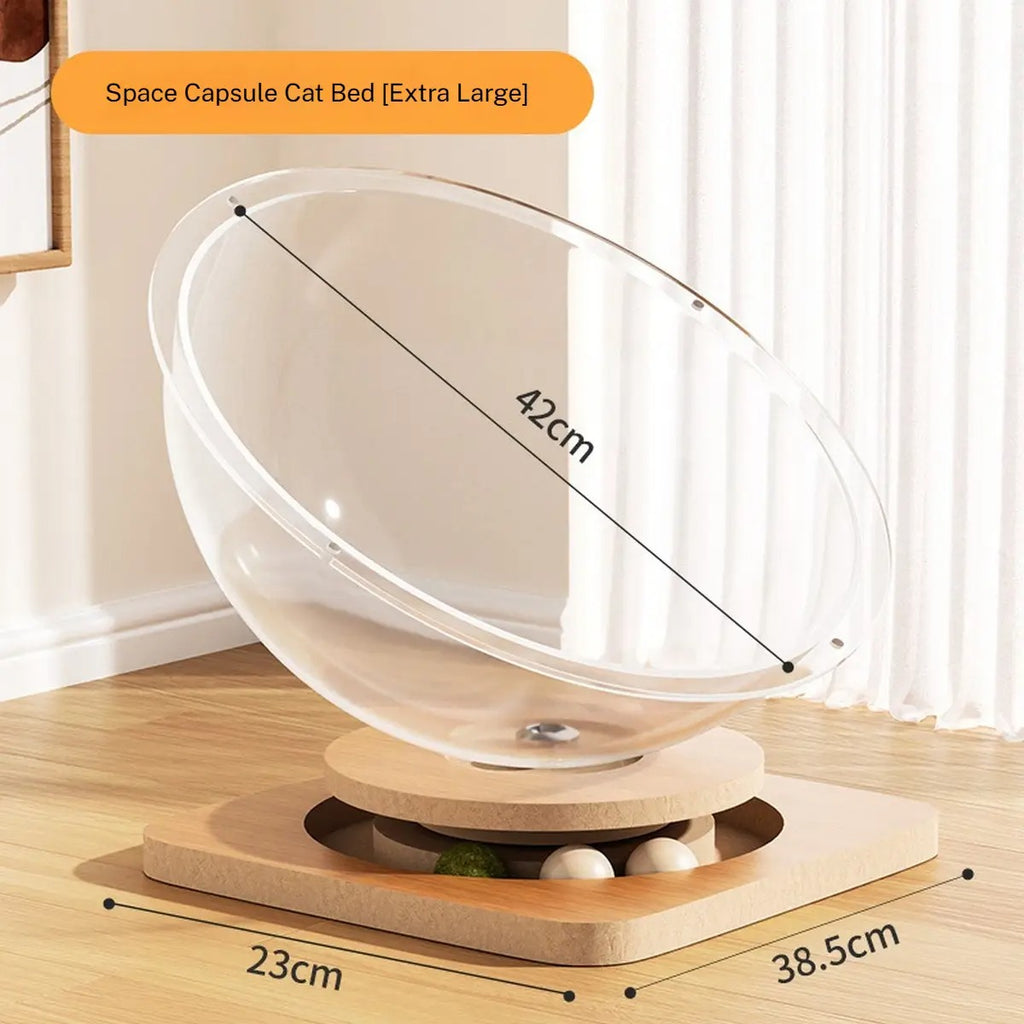 Acrylic Space Capsule Cat Bed with Wood Spinner_CWMM6277