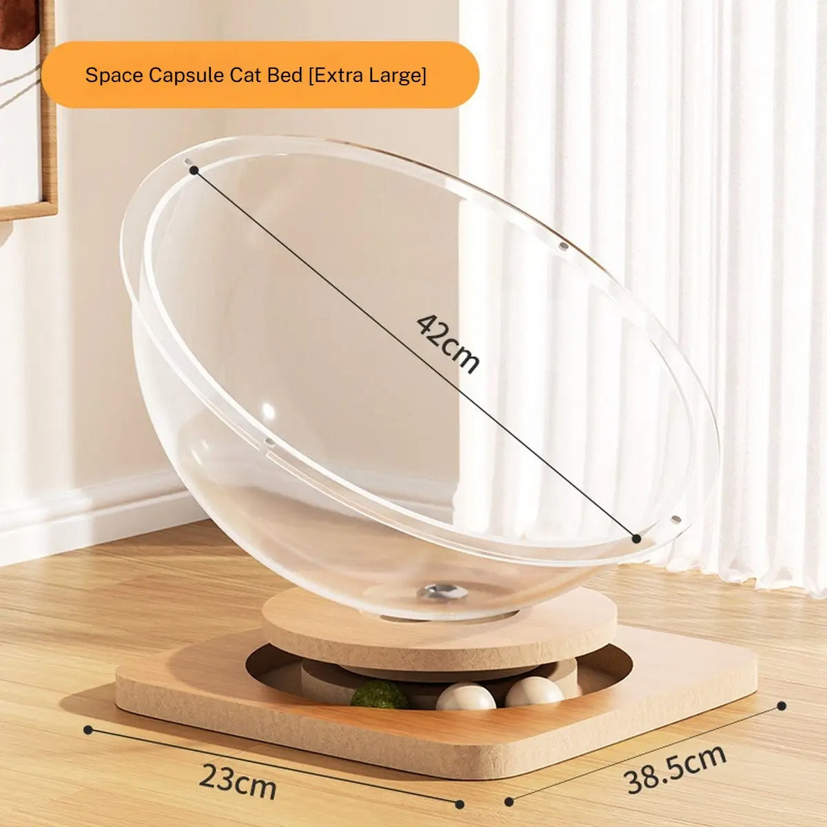 Acrylic Space Capsule Cat Bed with Wood Spinner_CWMM6277