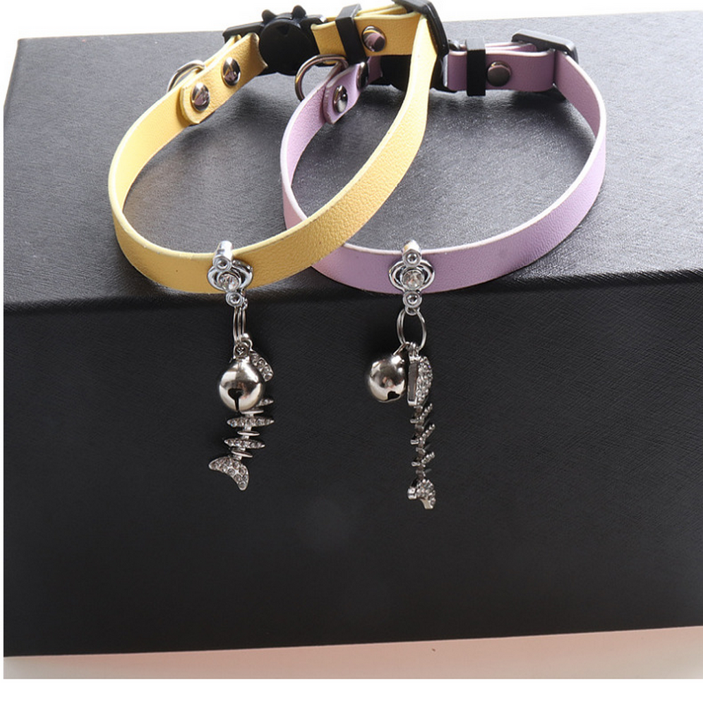 Macaron PU Cat Collar with Rhinestone Fishbone_CWMM7749