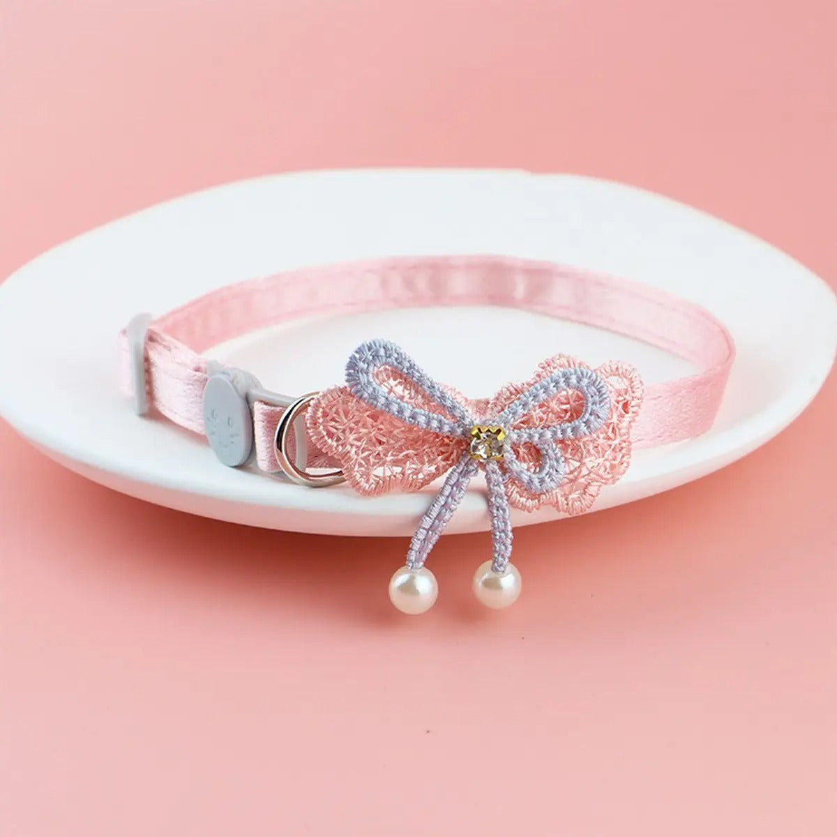 Cute bow pearl pet collar (with charm and bell)_CWASC2516