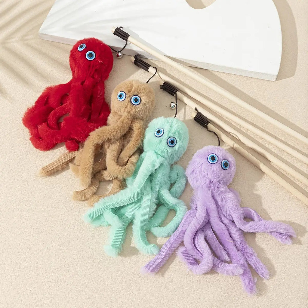 Octopus Teaser Wand – Plush Cat Toy with Wooden Rod_CWMM6802