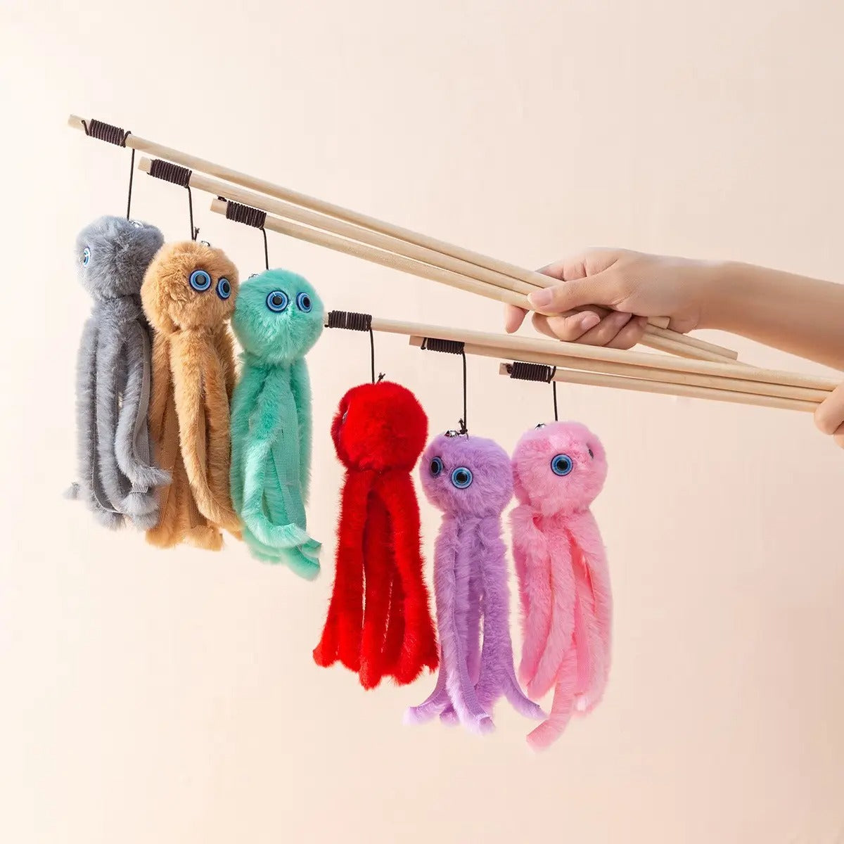 Octopus Teaser Wand – Plush Cat Toy with Wooden Rod_CWMM6802