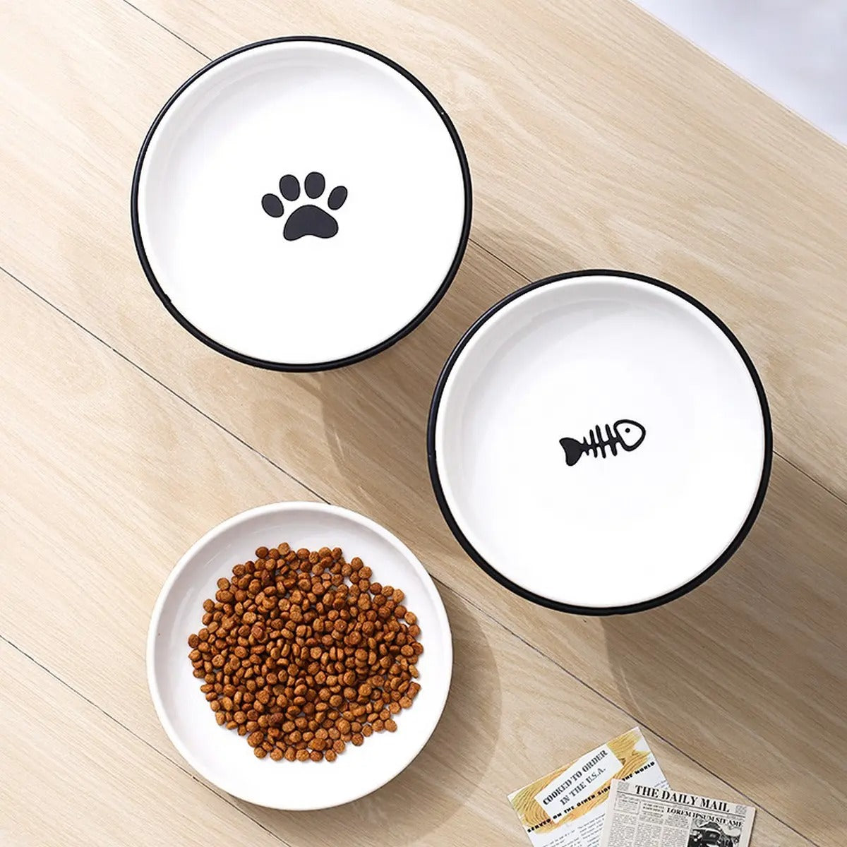 Fishbone Paw Ceramic Pet Bowl with Stand_CWMM5940