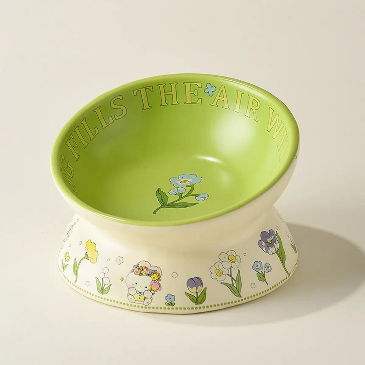 Green Bunny Cat Bowl, Anti-Tip Ceramic Pet Feeder_CWMM5931