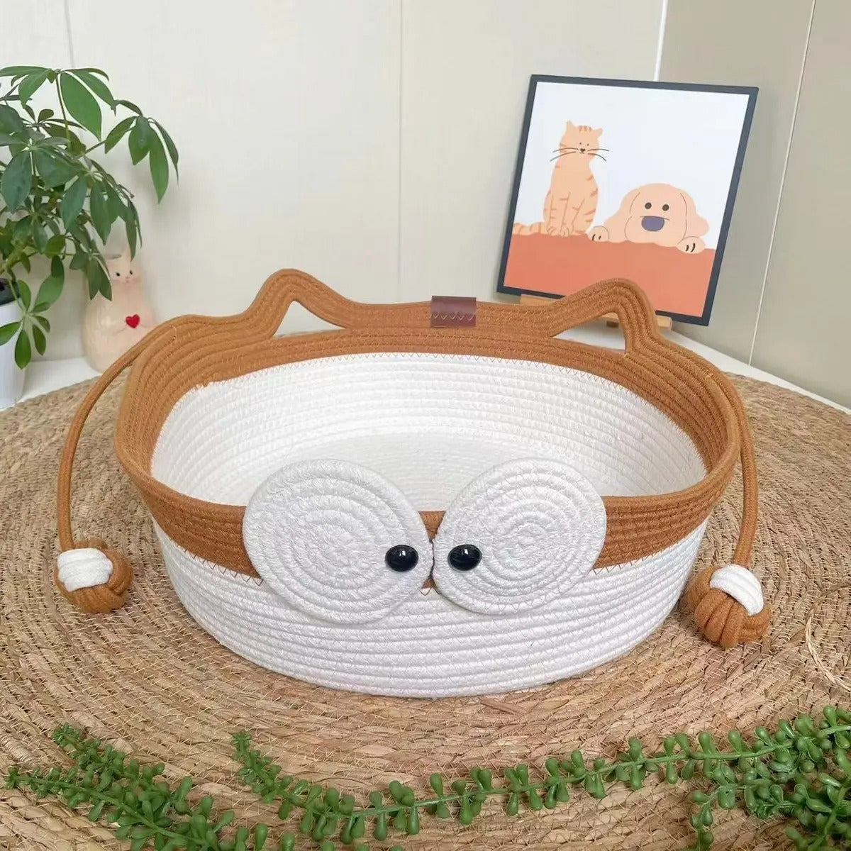 Handmade Woven Cat Bed with Play Ball_CWMM6560
