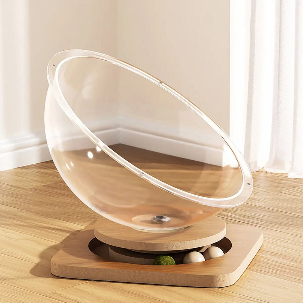 Acrylic Space Capsule Cat Bed with Wood Spinner_CWMM6277