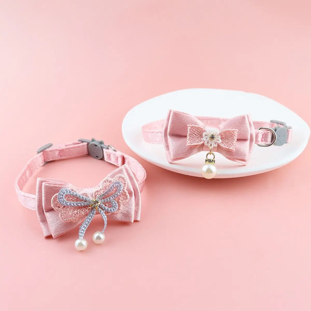 Cute bow pearl pet collar (with charm and bell)_CWASC2516
