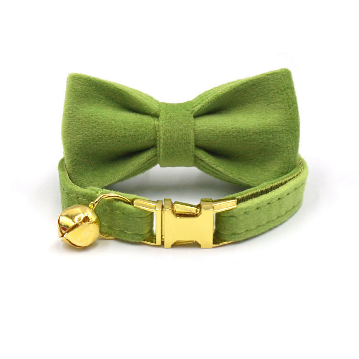 Matcha Green Velvet Cat Collar with Bell & Bow_CWMM7098