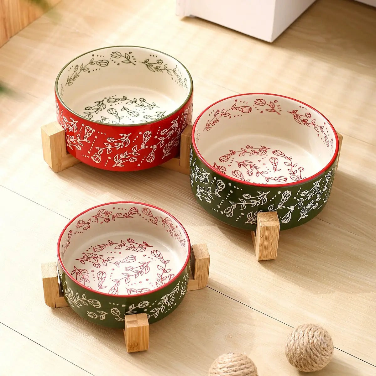 Boho Ceramic Pet Bowl with Wooden Stand_CWMM5944